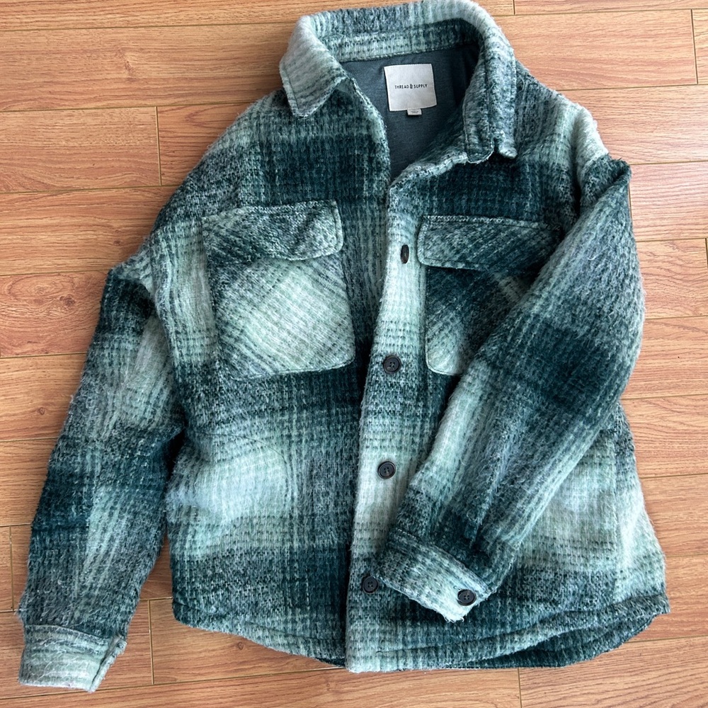 Green and Gray Pea Coat with Classic Plaid Design